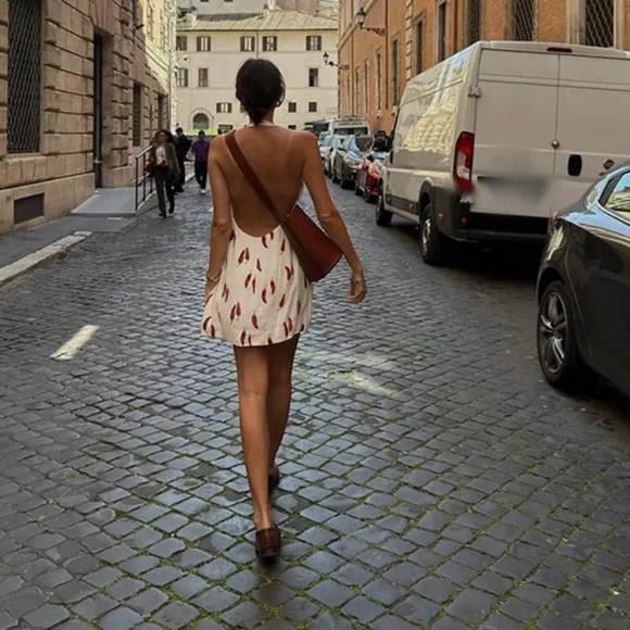 White Halter Mini Dress with Red Chili Print - Picture 2 of 4